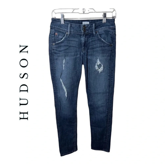 0234. HUDSON DENIM JEANS TAPERED LEG SIZE 25 DARK WASH DENIM IN COLOR DISTRESSED - Picture 1 of 9